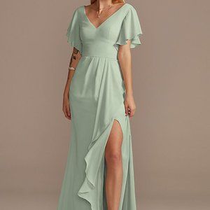 David's Bridal Flutter Sleeve Bridesmaid Dress with Cascade Dusty Sage Like New